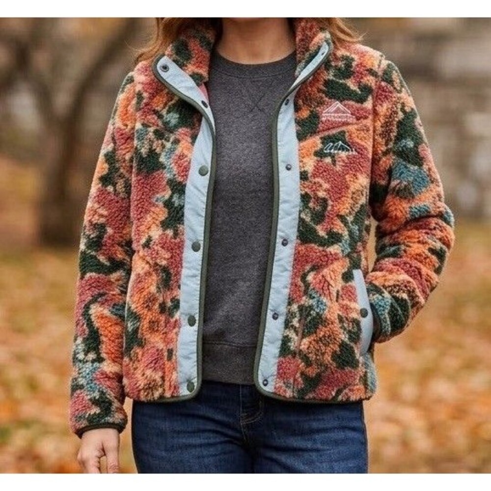 LL Bean Womens XS Mountain Pile Sherpa Fleece Snap Jacket Floral Camo 522260